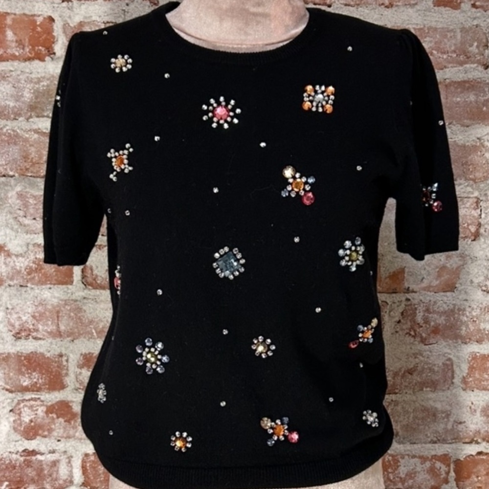 Milly Black Embellished Short-Sleeve Sweater with Multicolor Gems